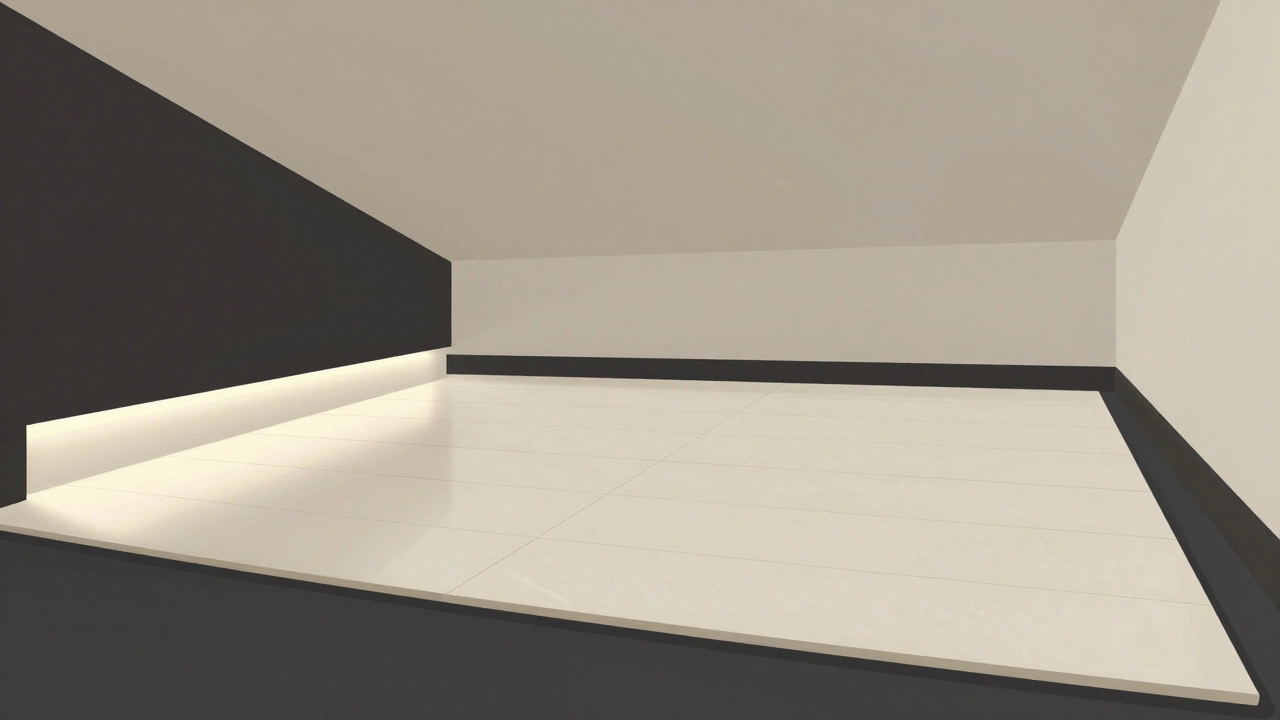 Light oatmeal floor in a small bathroom with LED lighting beneath the vanity, creating a glowing reflection that enhances spatial depth.