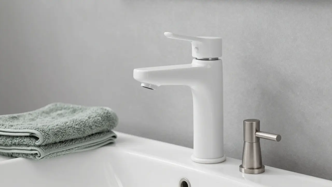 Matte white faucet in a minimalist gray bathroom with sage towels and brushed nickel accents.