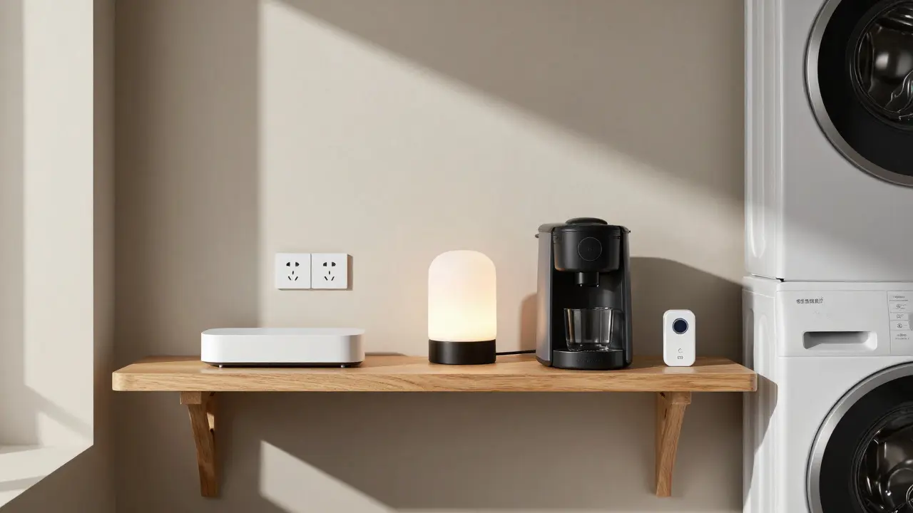 Minimalist smart home devices on a wooden shelf with sensors and plugs.