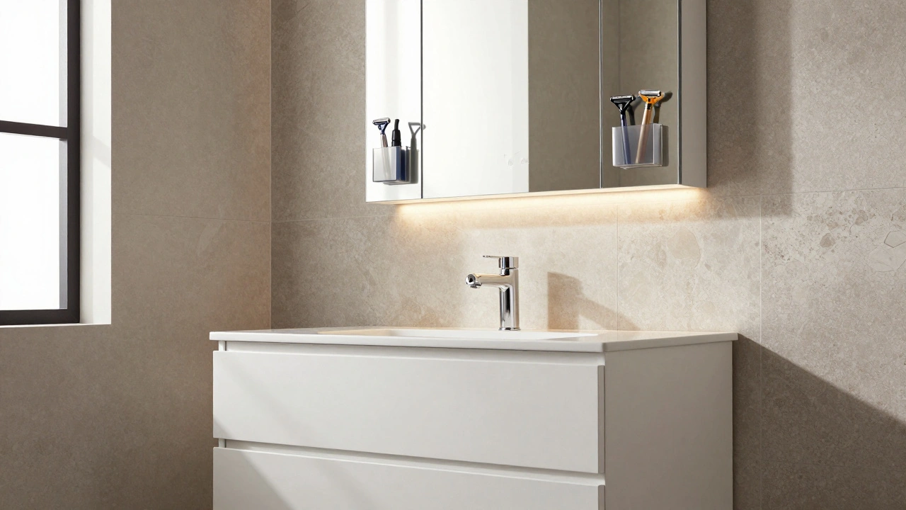 Minimalist vanity with mirrored cabinet and magnetic storage under natural light.