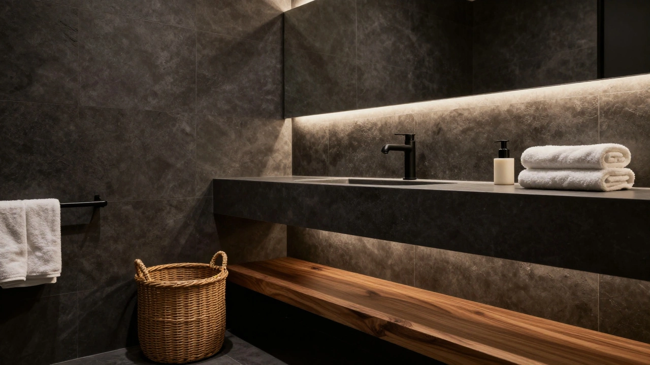 Modern bathroom with charcoal clay walls, matte black faucet, and LED-lit vanity.