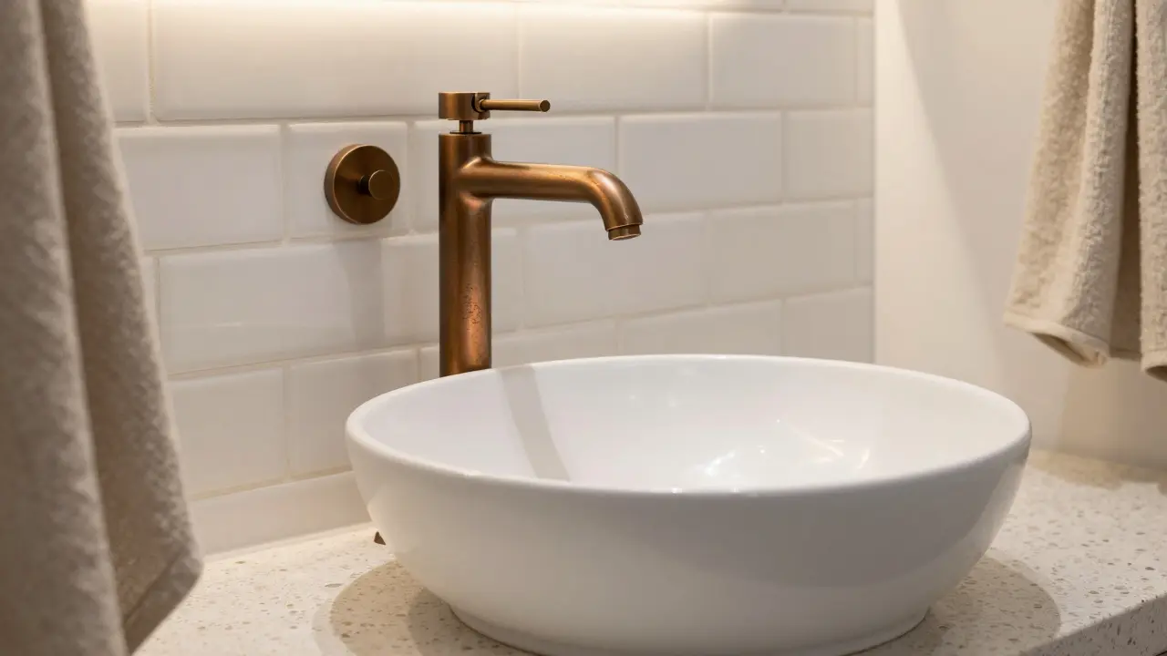Oil-rubbed bronze wall-mounted faucet beside a matte white sink in a spa-inspired bathroom with subway tiles.