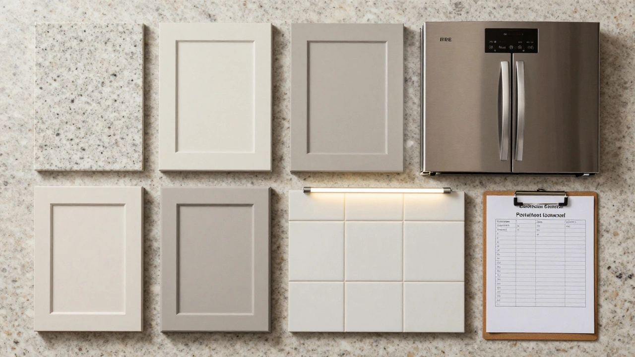Overhead view of kitchen remodel materials: quartz samples, cabinet doors, appliances, tiles, and lighting strips on a neutral surface.