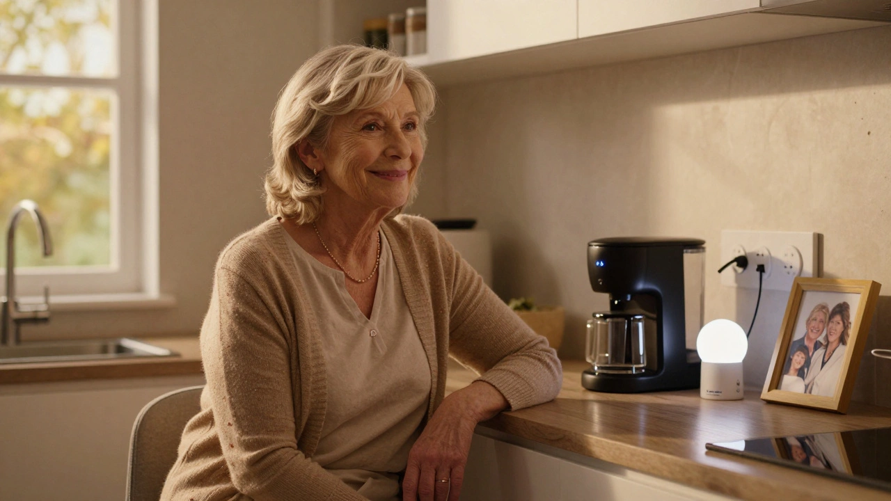 Senior woman using voice command to turn on smart lights in her kitchen.