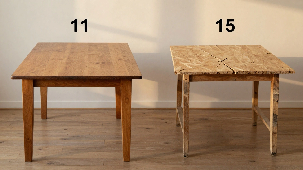 Side-by-side comparison of a durable wood table after 15 years versus a damaged cheap one after 5