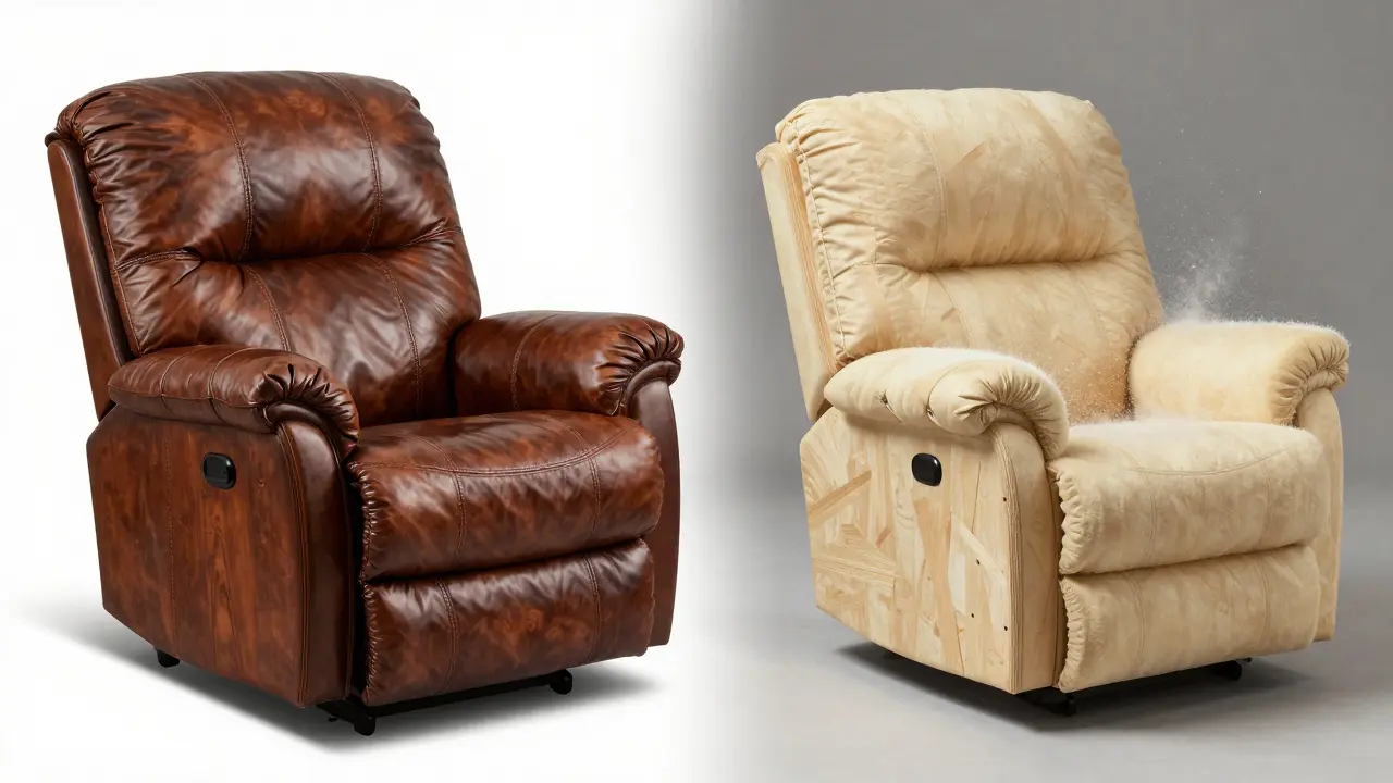 Side-by-side comparison of a high-quality Lazy Boy recliner versus a cheap knockoff with inferior materials.