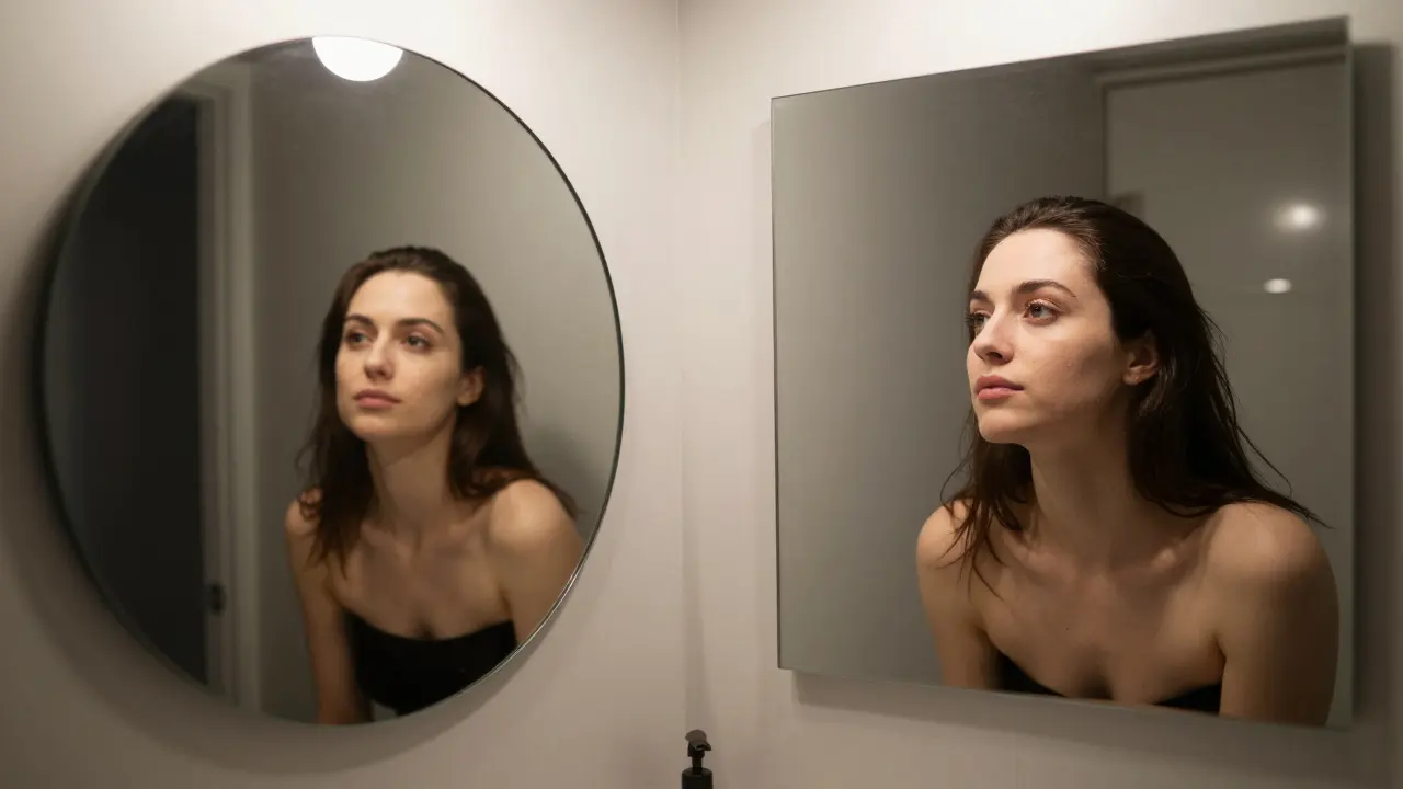 Side-by-side comparison showing how square mirrors provide better reflection coverage than round ones in low-light bathrooms.