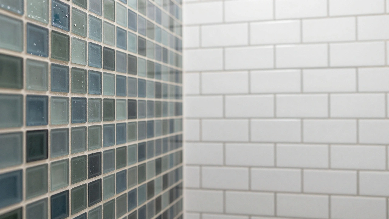 Side-by-side: dated colored mosaic tiles with stains versus clean white subway tile, showing timeless durability over trendy design.