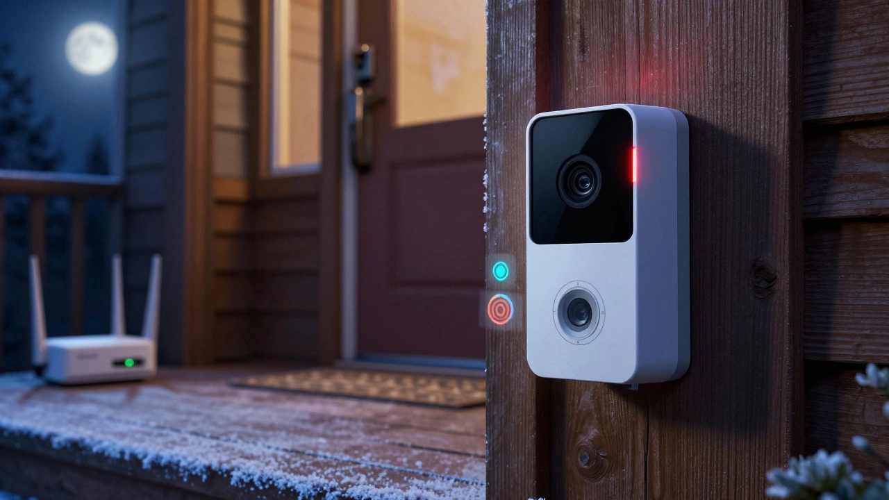 Smart doorbell camera and lock on a frosty porch at night with backup power visible.
