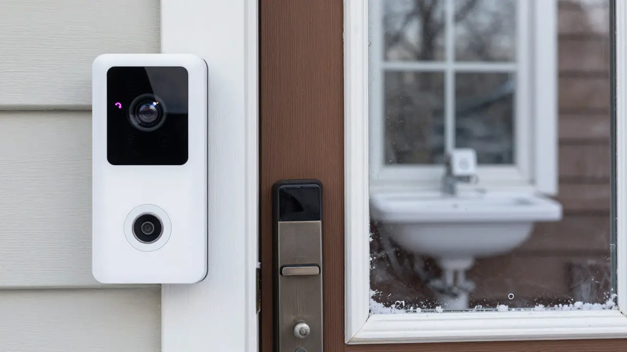 Smart doorbell camera on a snowy porch with a lock and leak sensor nearby.