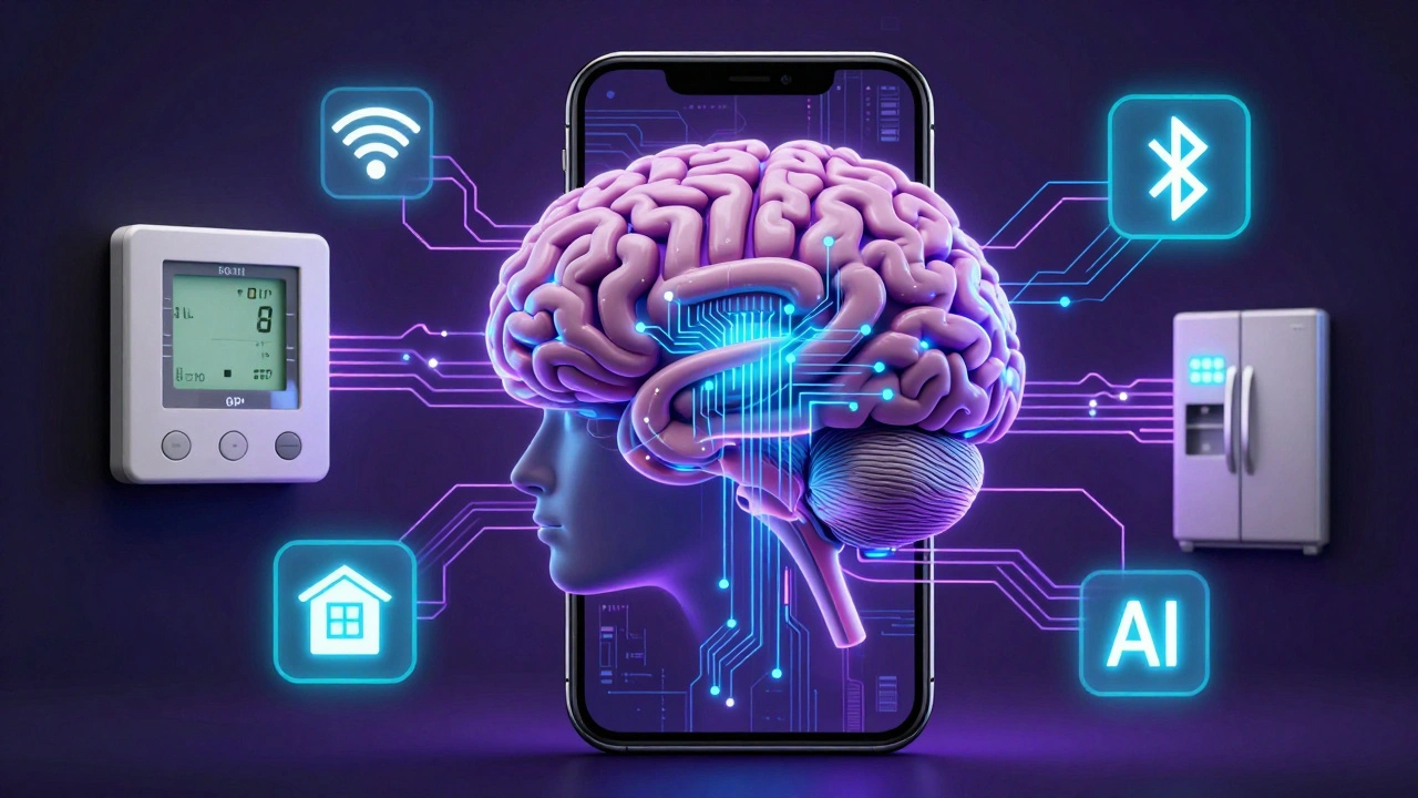 Smartphone shaped as a brain sending data streams to connected home devices.