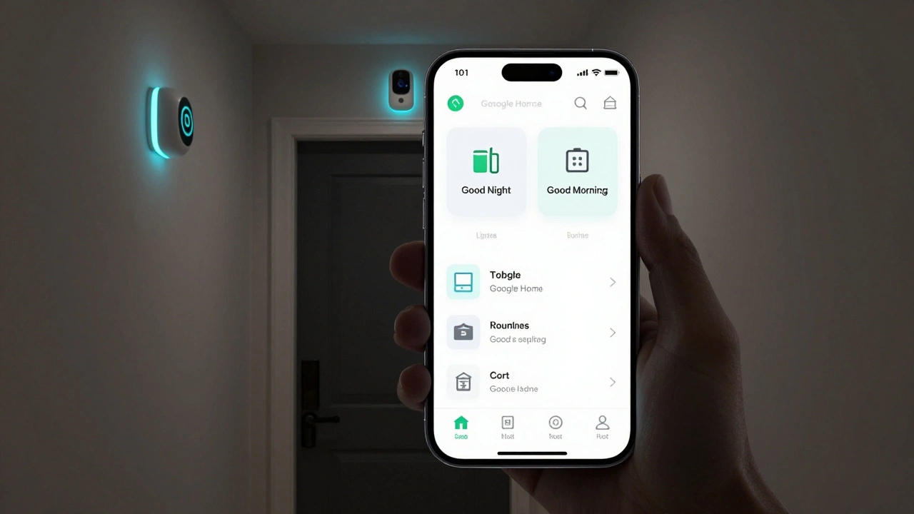 Smartphone showing a unified home automation dashboard controlling lights, locks, and sensors.