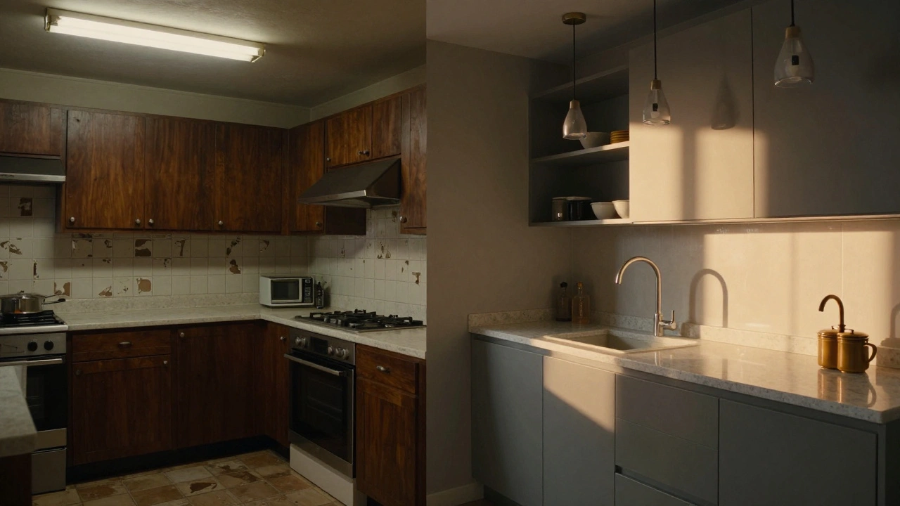 Split scene: dated 1990s kitchen on left, modernized kitchen on right, separated by a subtle line with contrasting lighting.