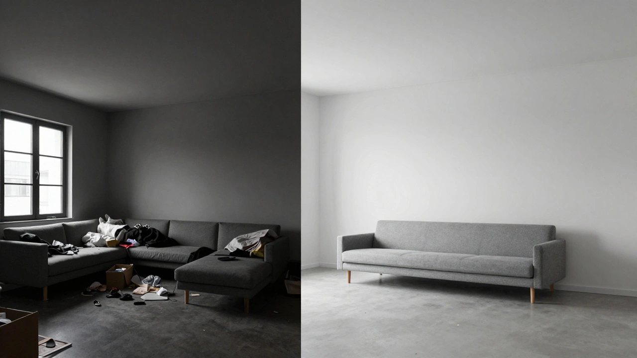 Split view: cluttered room with oversized sectional vs. open space with properly sized sofa.