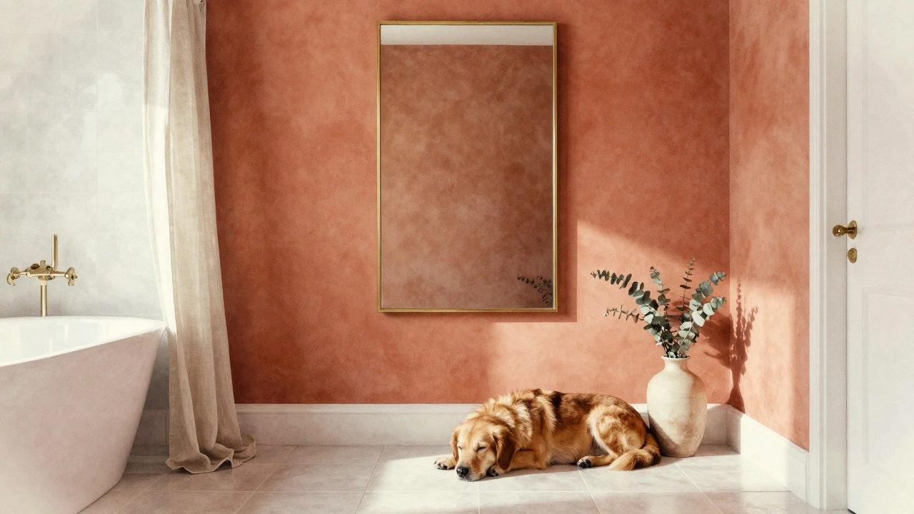 Terracotta accent wall with brass mirror, dog sleeping on floor, and linen curtain.