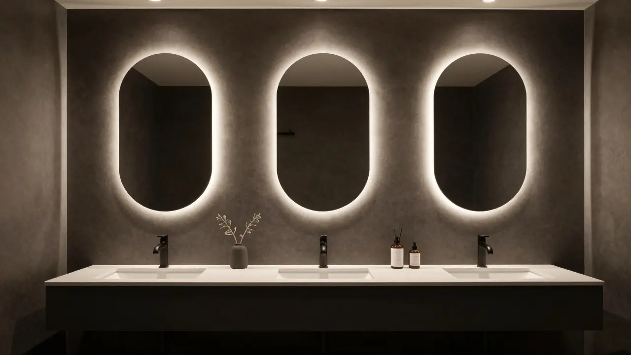 Three oval mirrors with LED lighting above a floating vanity in a modern bathroom.