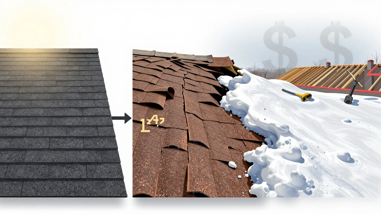 Timeline of roof aging from new to damaged to replaced, with warning signs and repair tools.