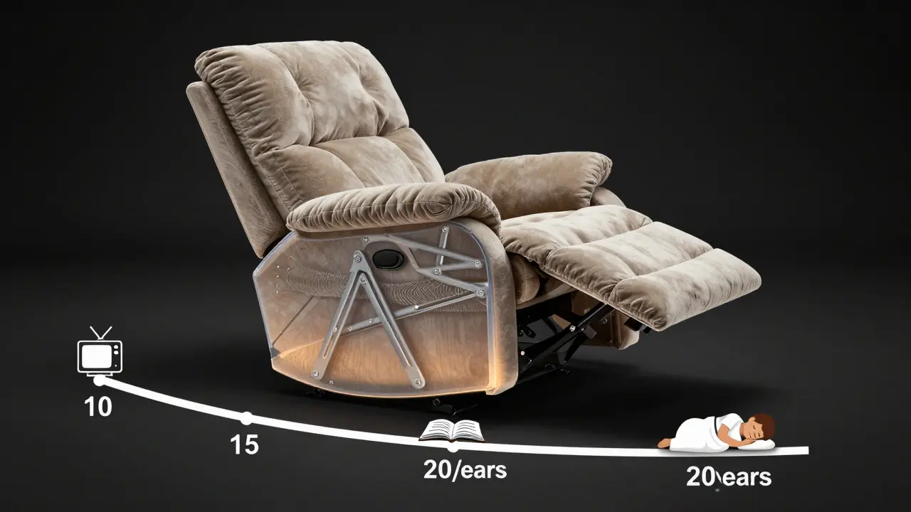 Transparent view of a Lazy Boy recliner's internal frame and mechanism with a timeline showing long-term use.