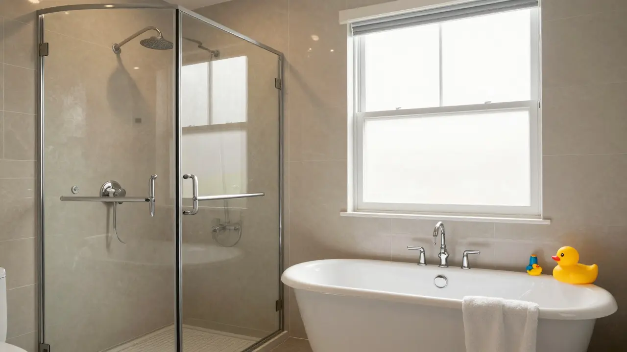 Two-bathroom layout showing a walk-in shower and a traditional tub, representing buyer preferences for balance.