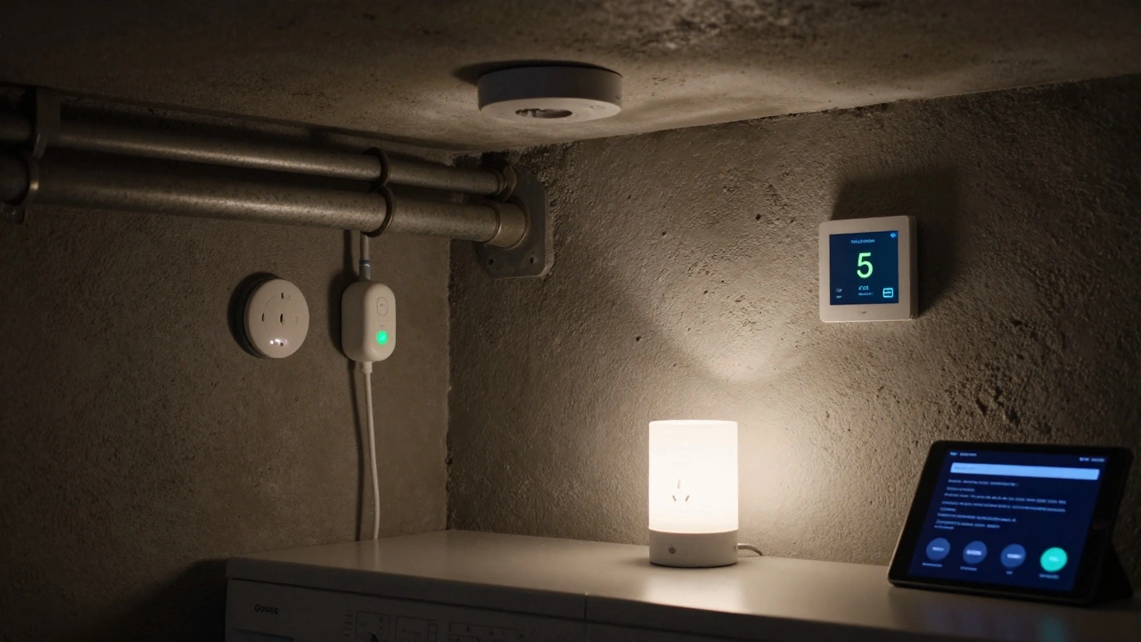 Water leak sensor on a pipe in a basement, with smart plug and motion sensor nearby.