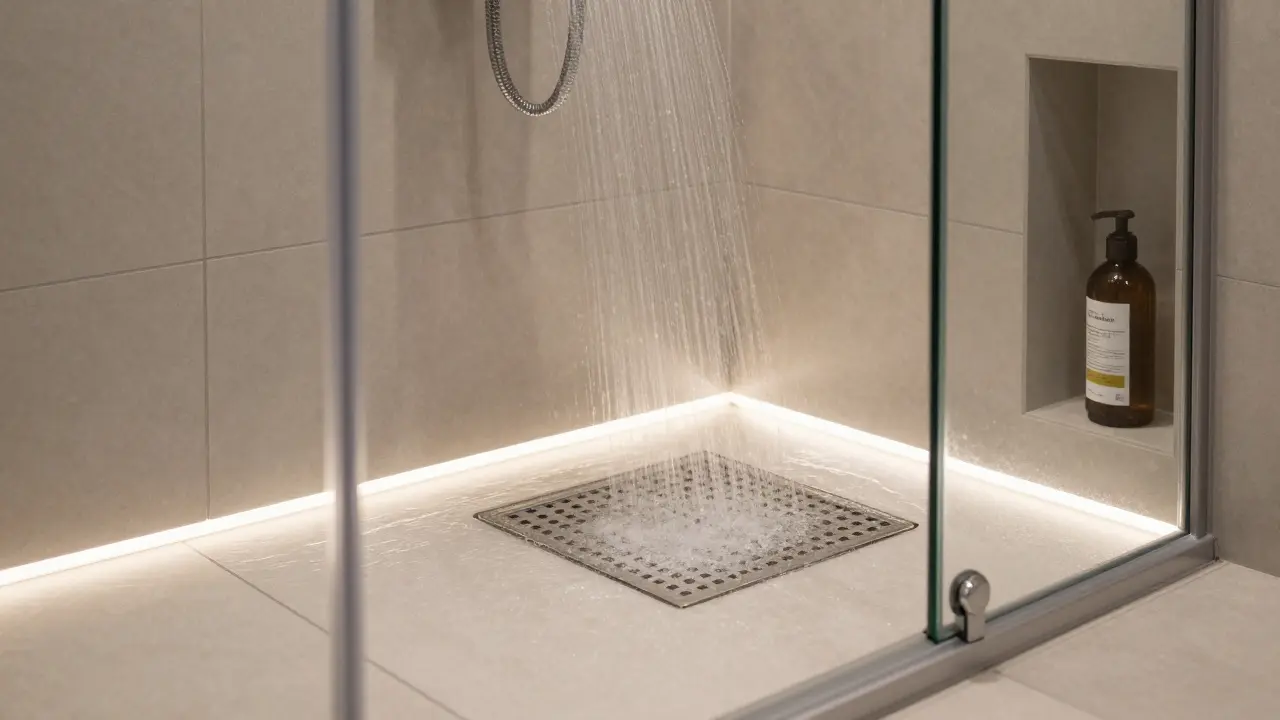 Zero-threshold shower with seamless drainage and recessed storage, highlighting smart, professional design.