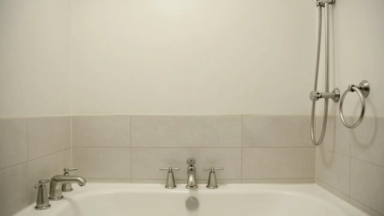 A 2010s-style bathroom with matching brushed nickel fixtures on an almond tub and gray tiled walls.