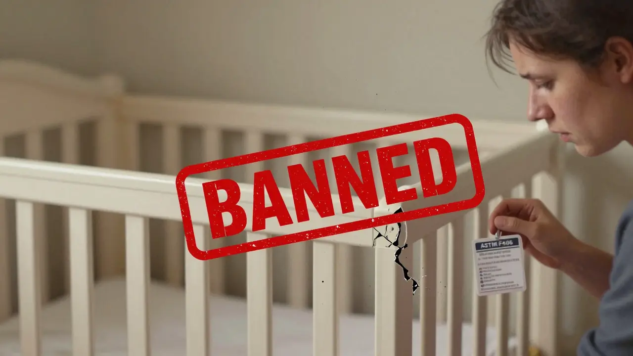 A banned drop-side crib with lead paint dust floating in the air, parent holding safety tag.