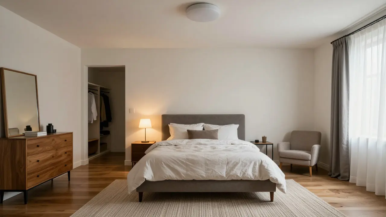 A bedroom with three defined zones: bed, dresser, and reading nook, each marked by lighting and rugs, with natural morning light streaming in.