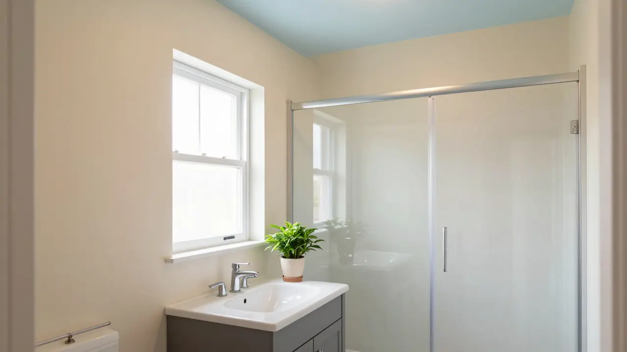 A bright, calming bathroom with soft cream walls, light blue ceiling, and natural light.