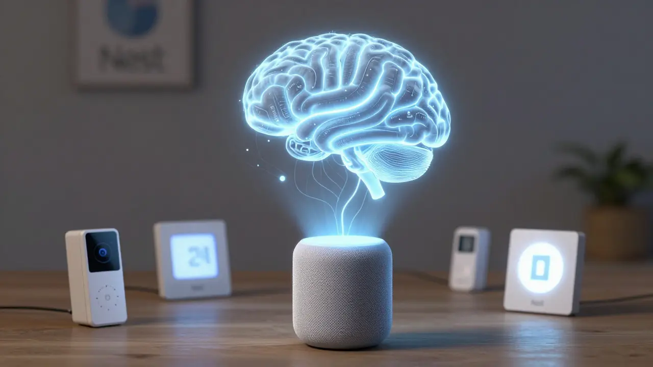 A digital assistant's light network connecting an old speaker to smart home devices, with Nest branding faintly in the distance.