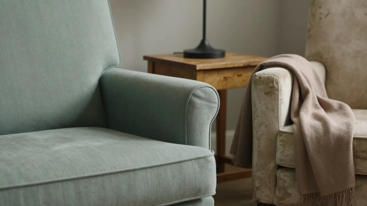 A dusty sage armchair next to a worn beige one, showing the contrast between modern and outdated furniture styles.