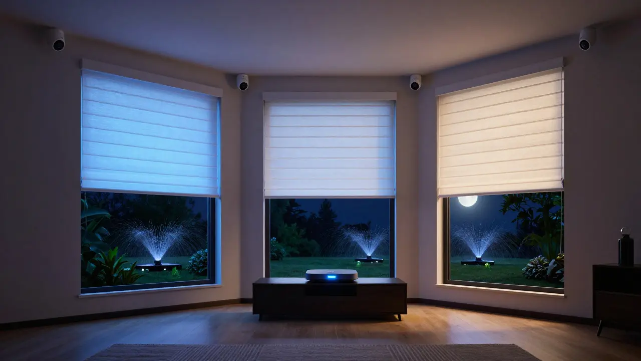 A fully automated home at night with smart blinds, color-changing lights, and security cameras.