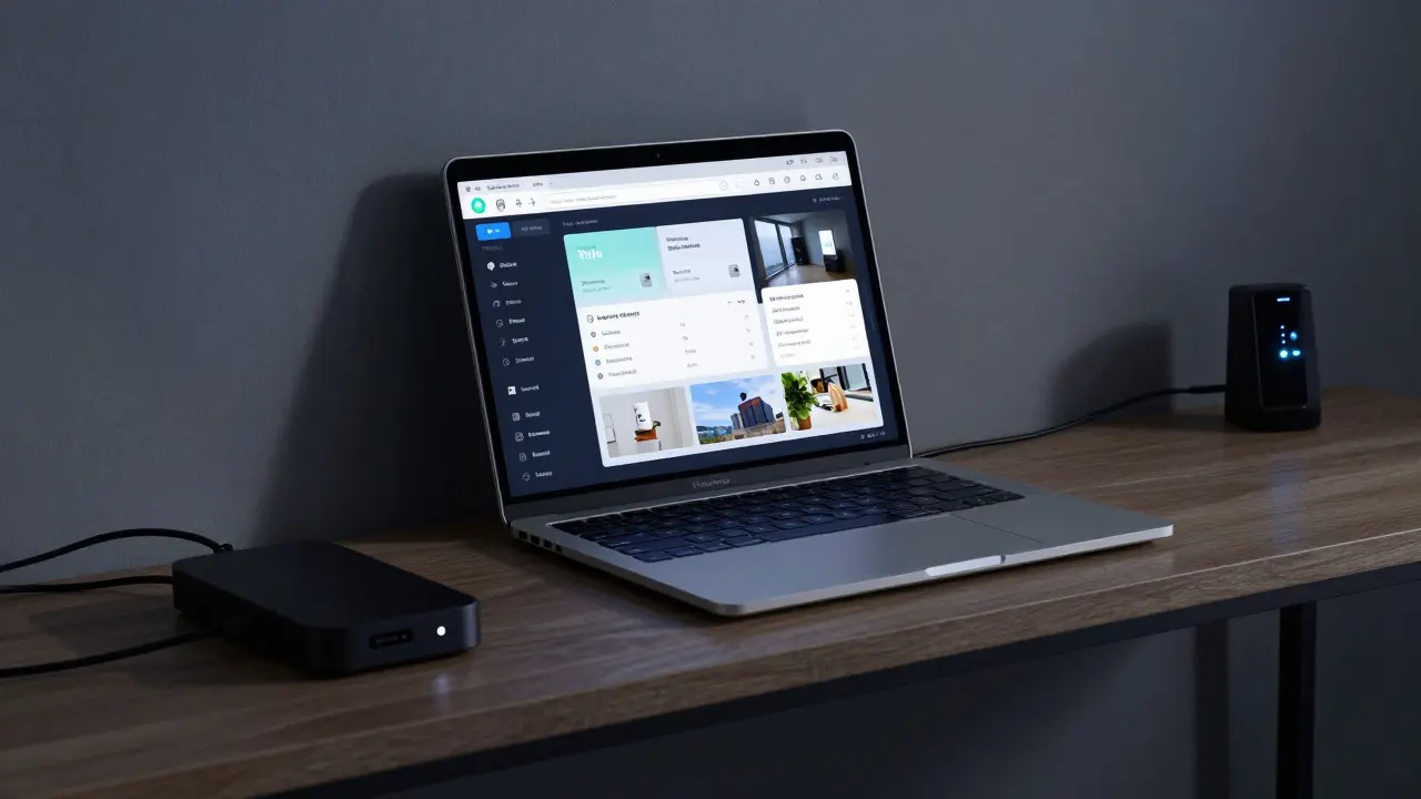 A laptop running home automation software, controlling lights and thermostat in a dim home office.