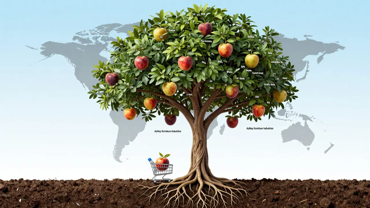 A large tree with factories as roots and furniture as fruit, with a Walmart cart beneath.