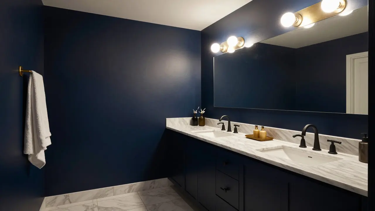 A luxurious bathroom with deep navy walls, matte black fixtures, and marble accents.
