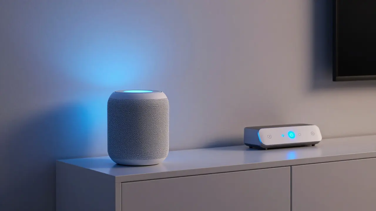 A modern Nest Audio speaker glowing softly in a dimly lit living room with smart lights and a Hub nearby.
