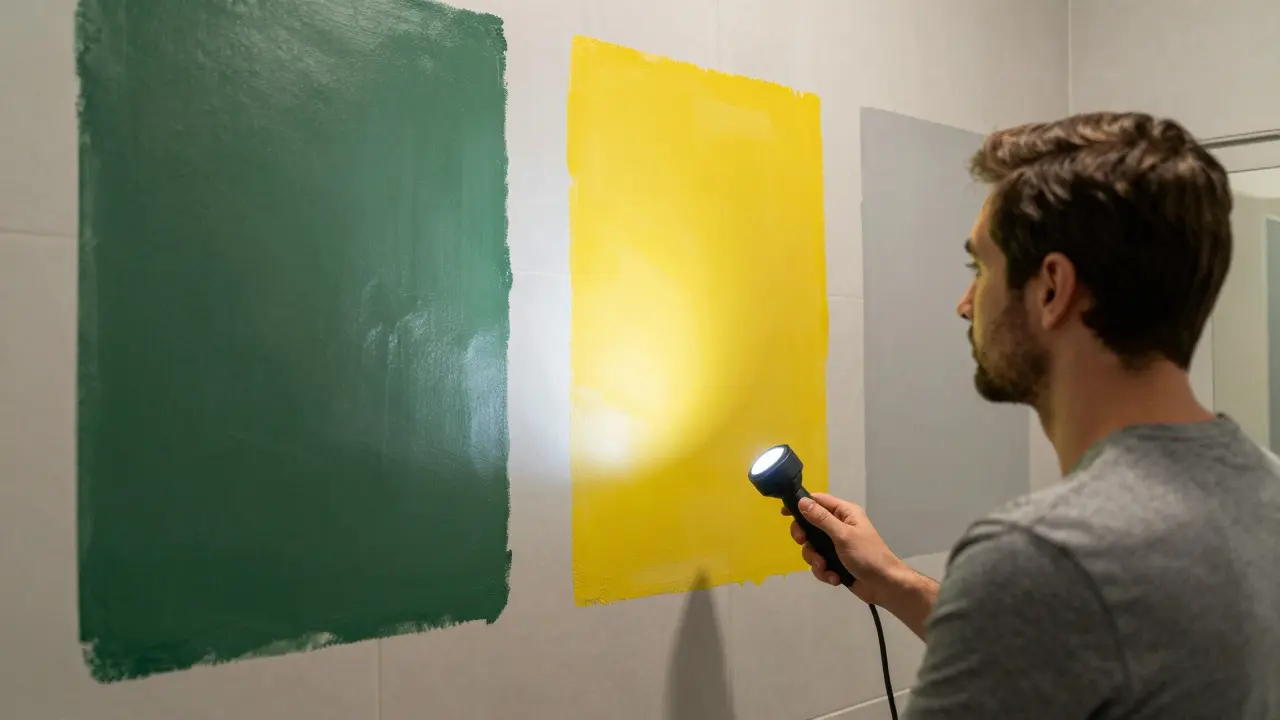 A person comparing paint swatches in a bathroom, evaluating how colors look in different light.