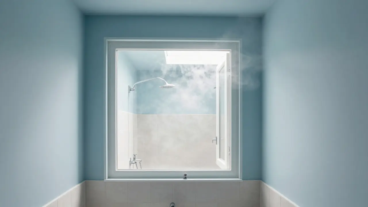 A small bathroom painted pale blue with a mirror reflecting bright, even lighting.