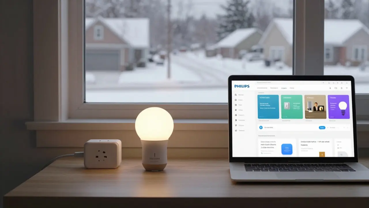 A smart home dashboard on a laptop with a single smart bulb and winter view through a window.
