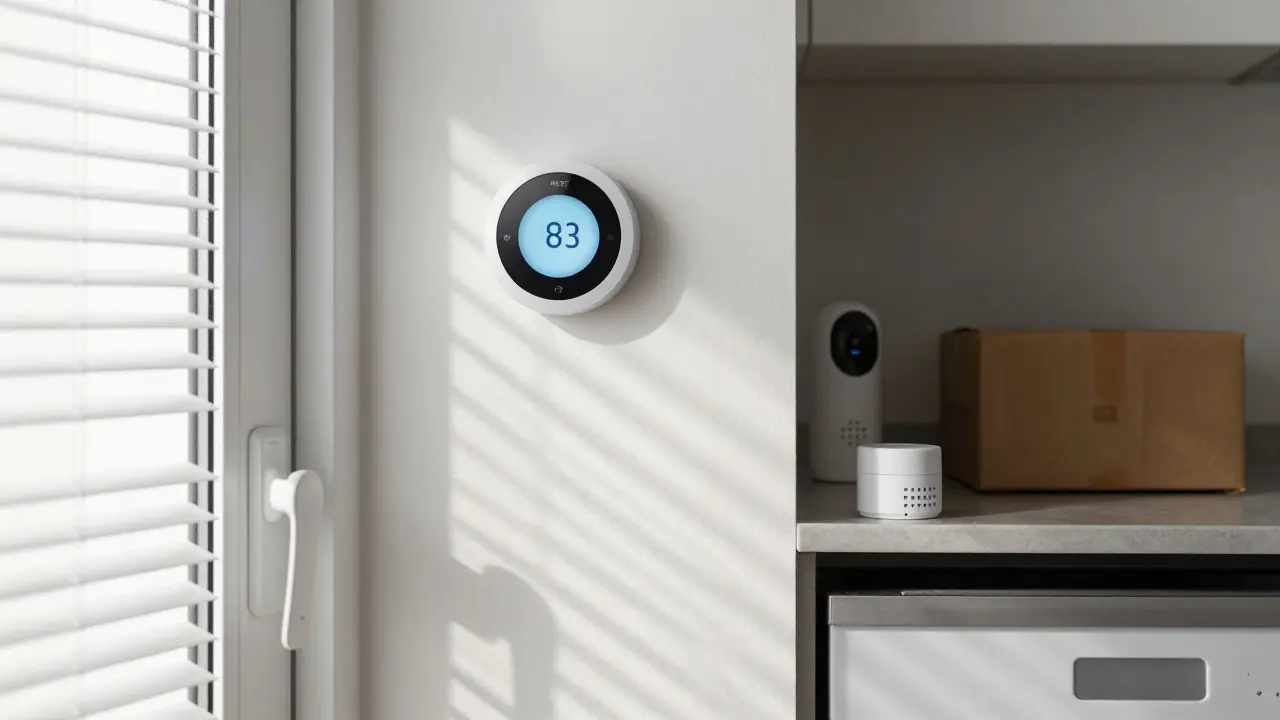 A smart thermostat and doorbell camera in a modern kitchen with a delivered package visible outside.