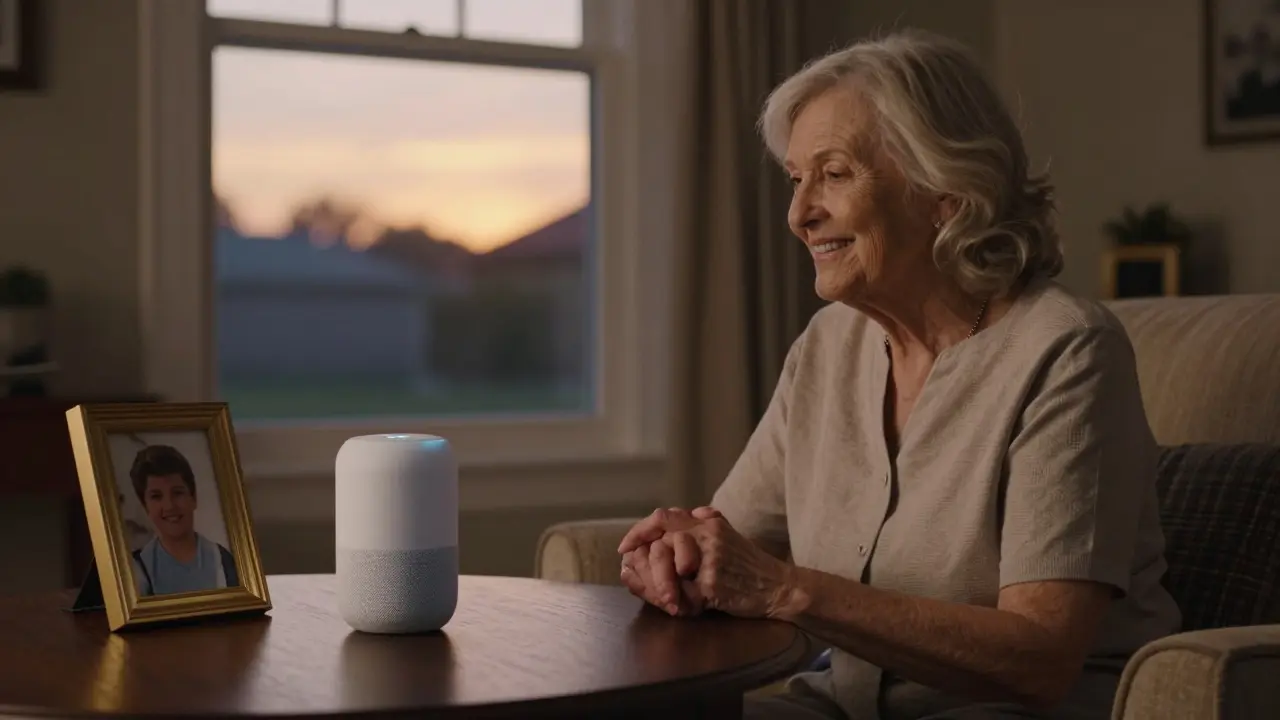 An elderly woman smiling at her Google Home Mini as it controls her home lights and plays music at sunset.