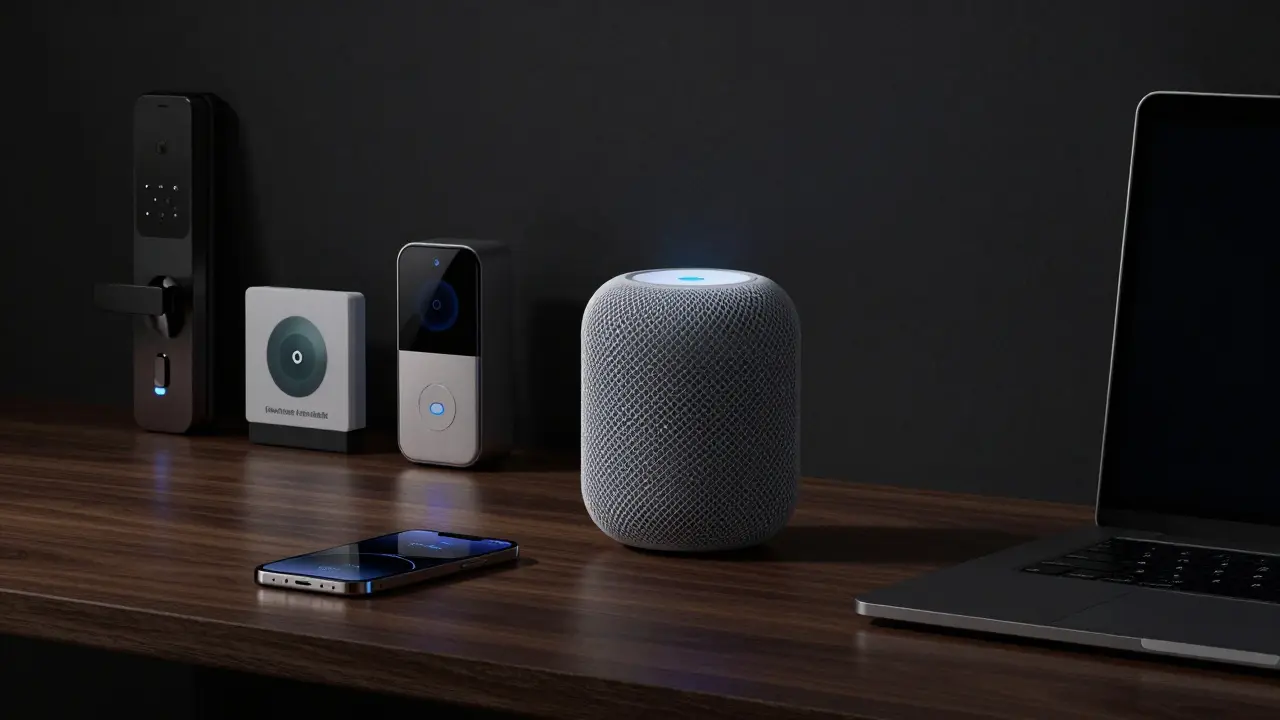 Apple HomeKit devices glowing softly in a dark home office, emphasizing privacy and security.