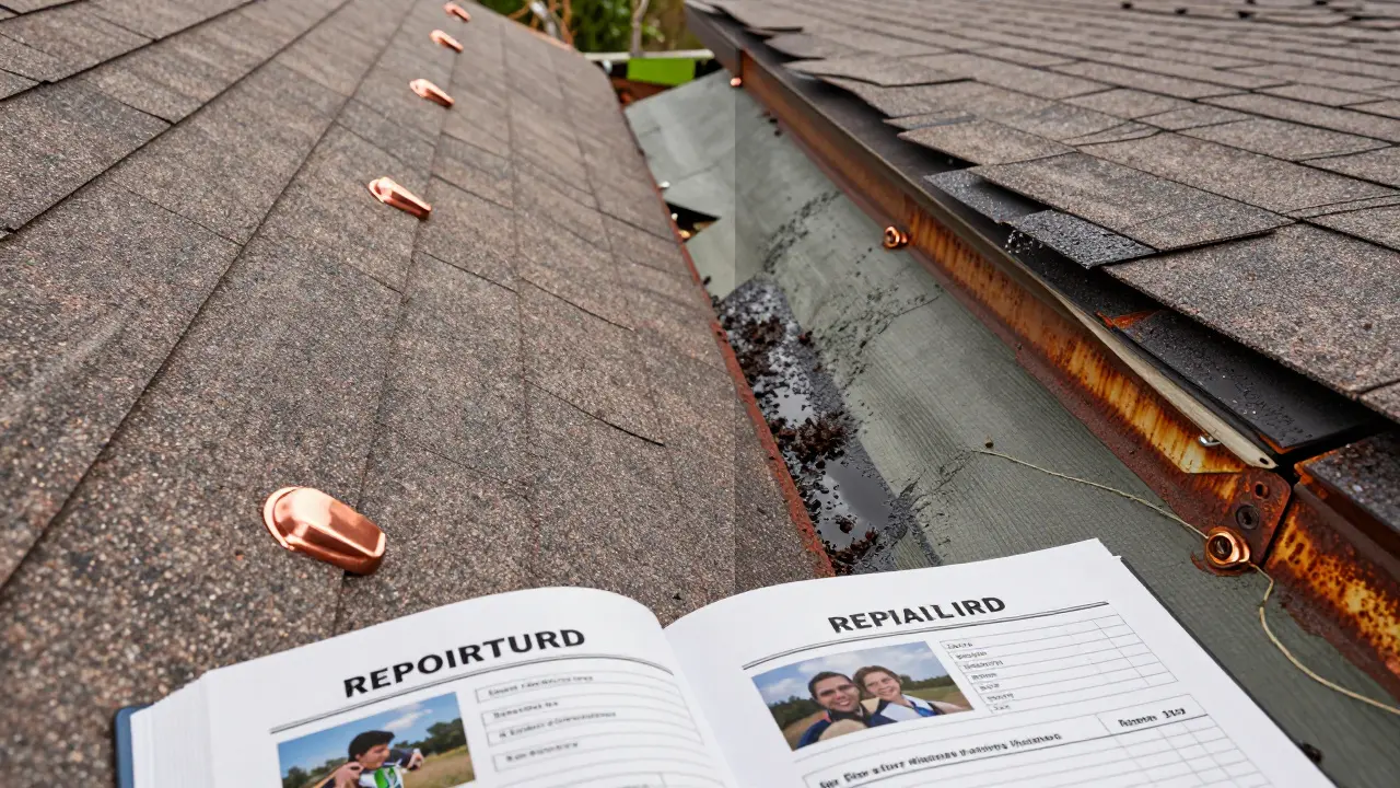 Before-and-after roof repair comparison with repaired section on one side and damaged area on the other, repair log nearby.