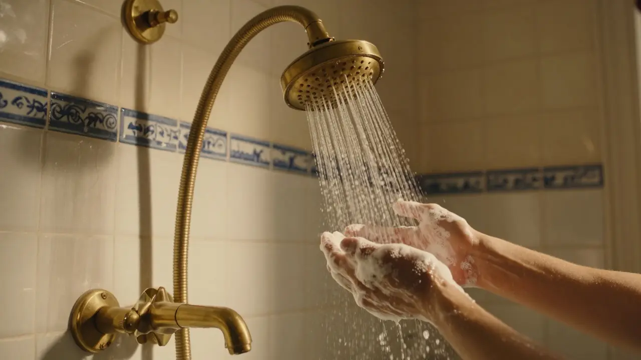 Classic round showerhead emitting even water flow in a vintage-style bathroom with porcelain tiles and brass fixtures.