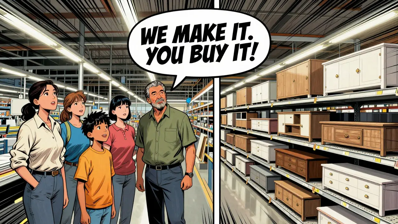 Comic-style split image showing Ashley family in factory and Walmart shelves with supplier label.