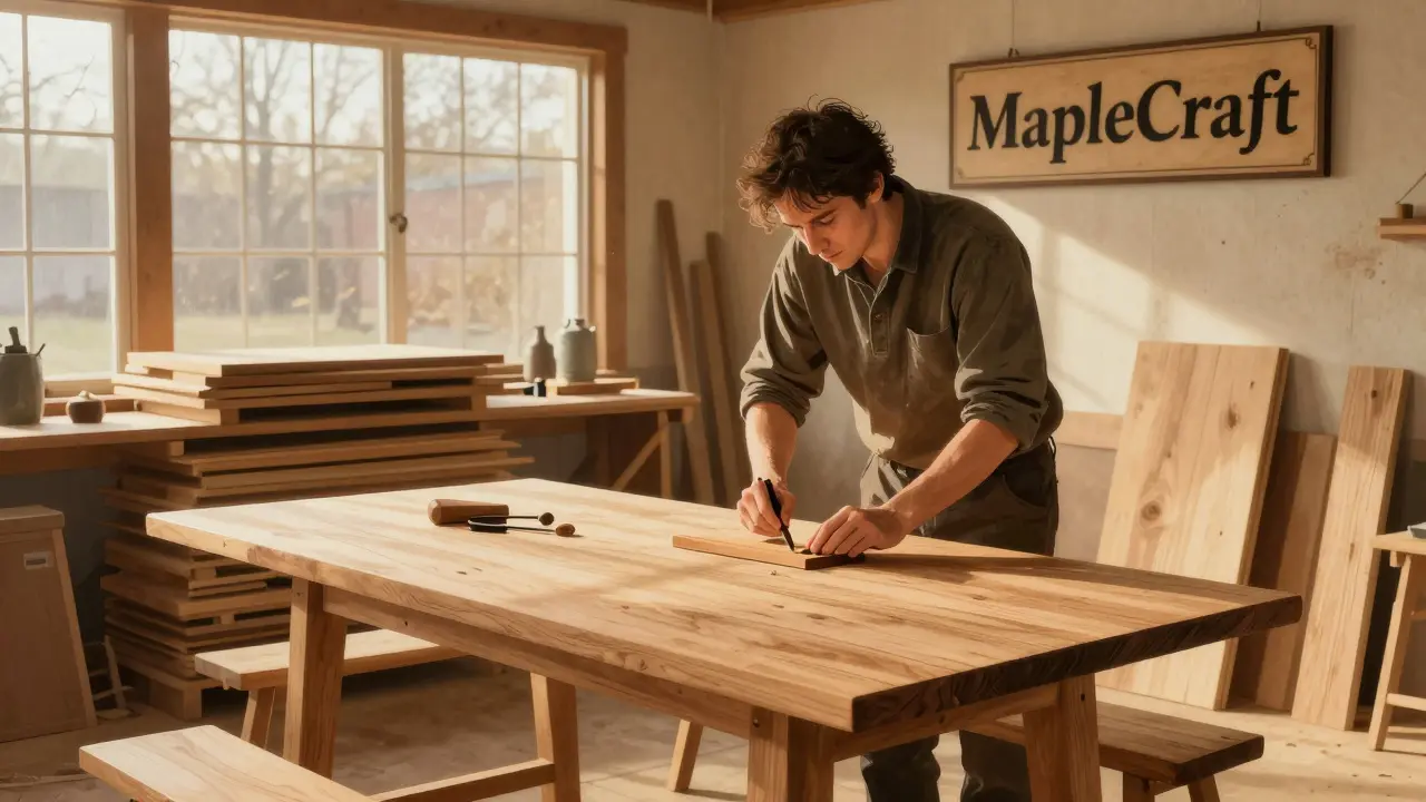 Craftsman hand-finishing a maple dining table in a wooden workshop with kiln-dried wood stacks in the background.