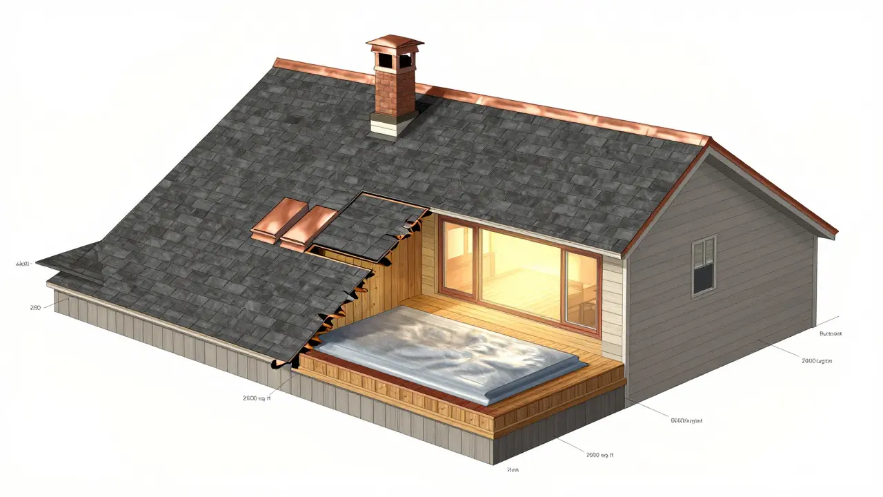 Cross-section of a roof showing layers: underlayment, flashing, vents, and shingles in winter conditions.
