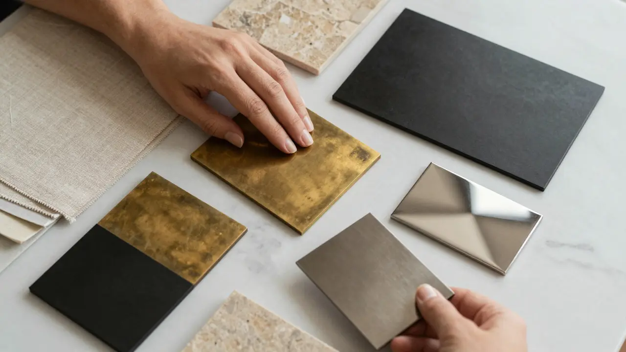 Design samples of brushed nickel, matte black, brass, and chrome on marble with fabric and stone swatches.
