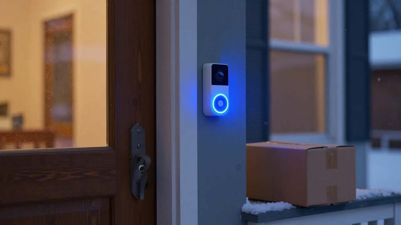 Google Nest Doorbell on a snowy porch, glowing blue as it detects a package, warm light inside the home.