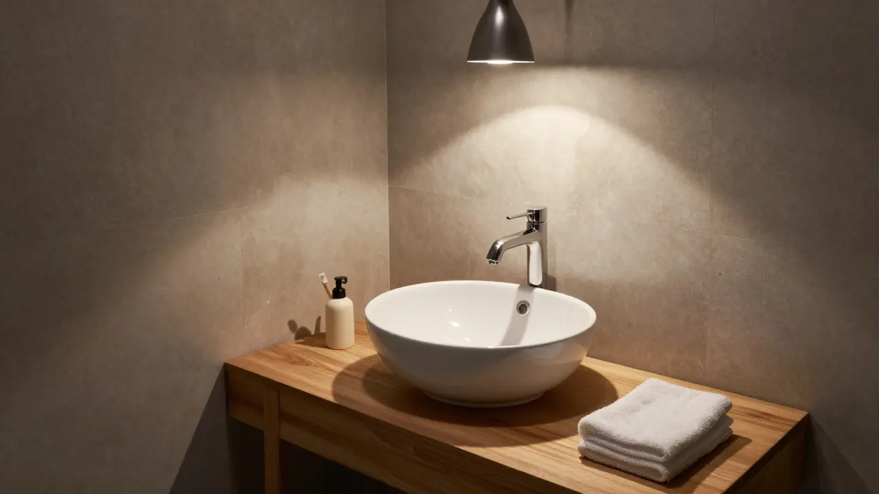 Hand-thrown porcelain vessel sink as artistic centerpiece in a minimalist guest bathroom.